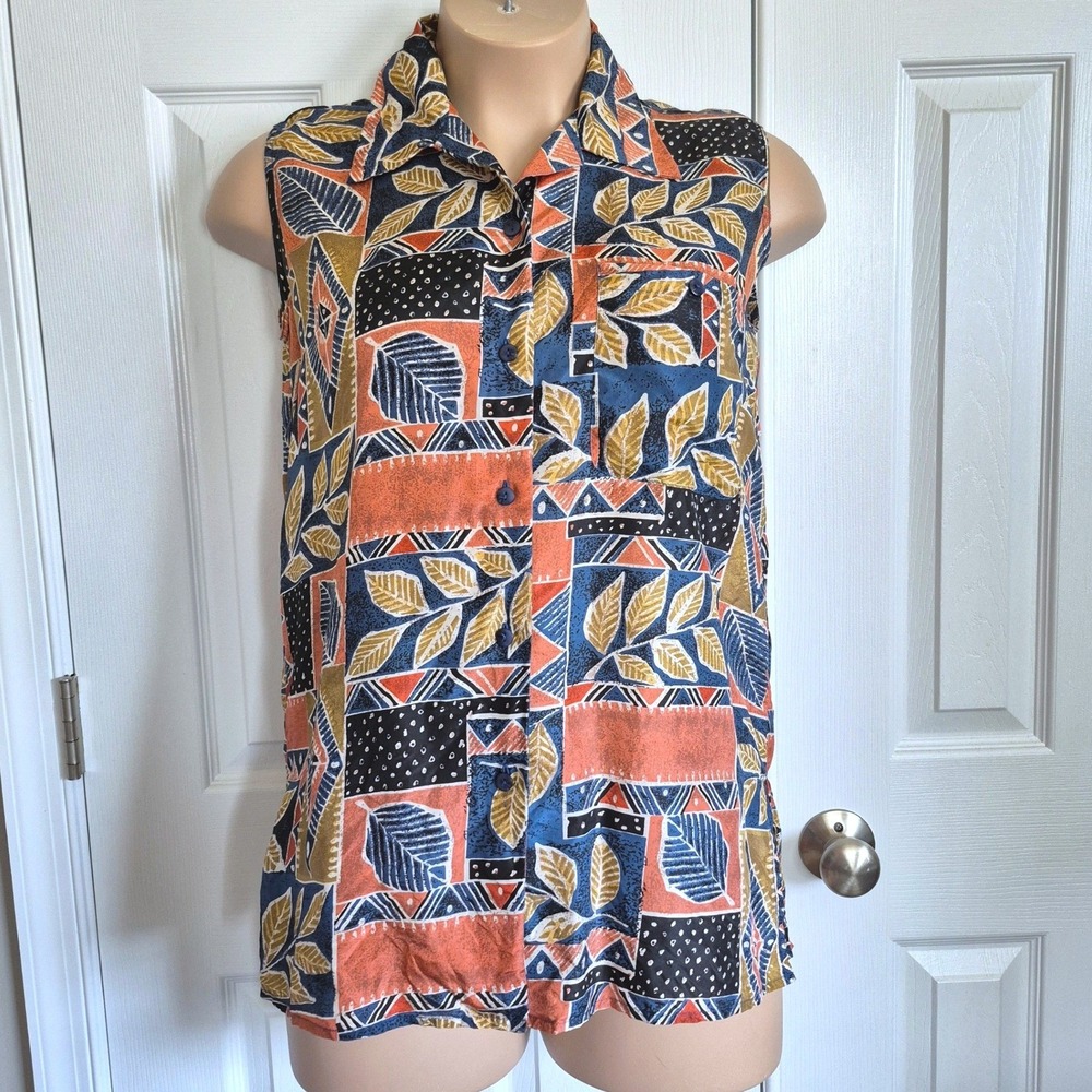 Vintage silk sleeveless button down pink blue gold shirt Women's large